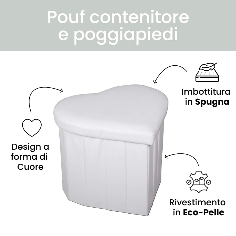 Pouf Contenitore a Cuore in Ecopelle Elegante 45x41x37 cm - Comodo, Salvaspazio e Facile da Pulire