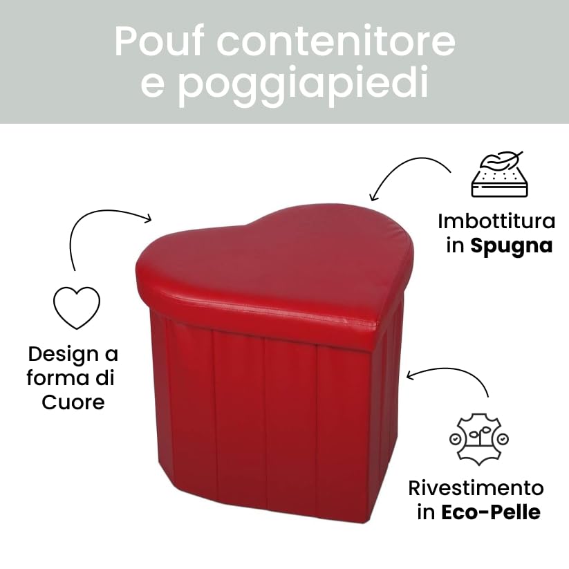 Pouf Contenitore a Cuore in Ecopelle Elegante 45x41x37 cm - Comodo, Salvaspazio e Facile da Pulire